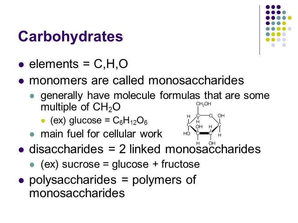 Carbohydrates elements = C,H,O monomers are called monosaccharides