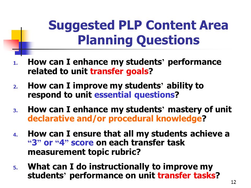 Suggested PLP Content Area Planning Questions
