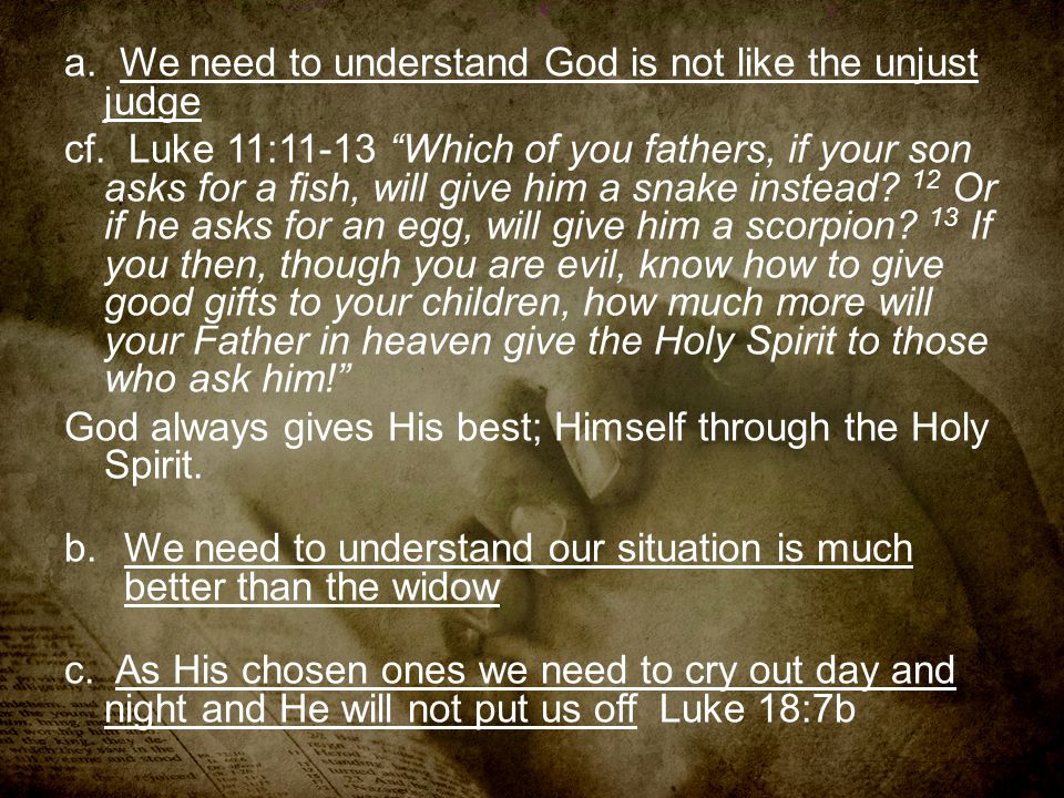 a. We need to understand God is not like the unjust judge