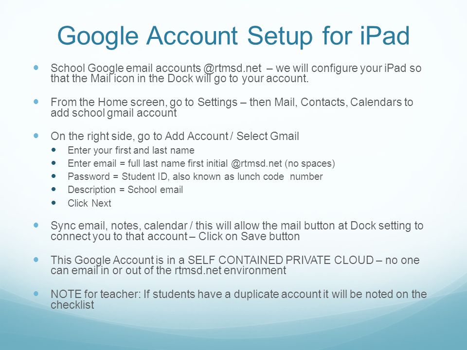 Google Account Setup for iPad