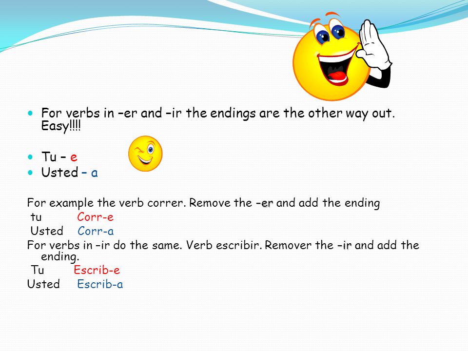 For verbs in –er and –ir the endings are the other way out. Easy!!!!