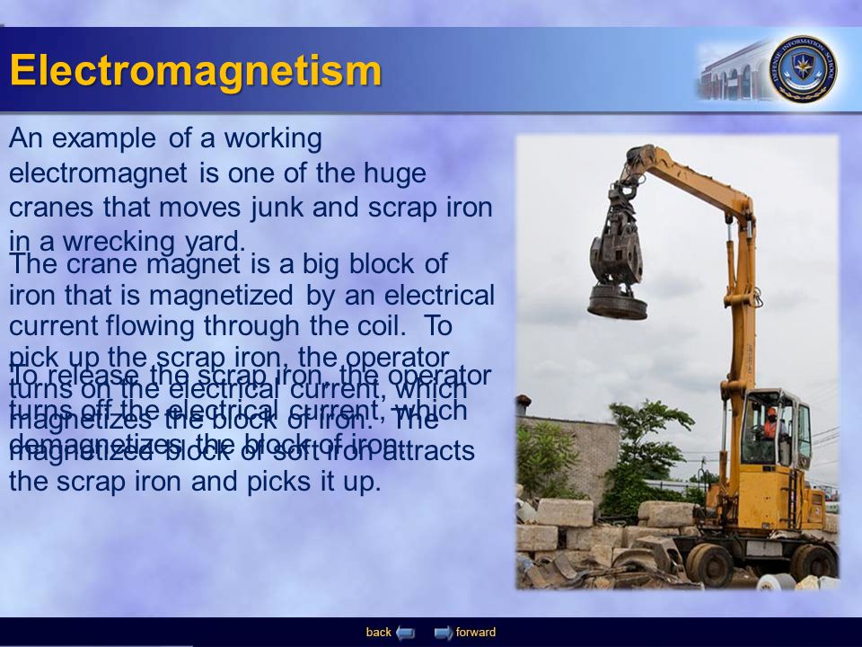 Electromagnetism An example of a working electromagnet is one of the huge cranes that moves junk and scrap iron in a wrecking yard.
