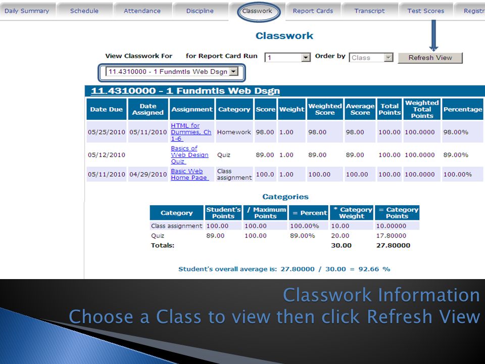 Classwork Information Choose a Class to view then click Refresh View