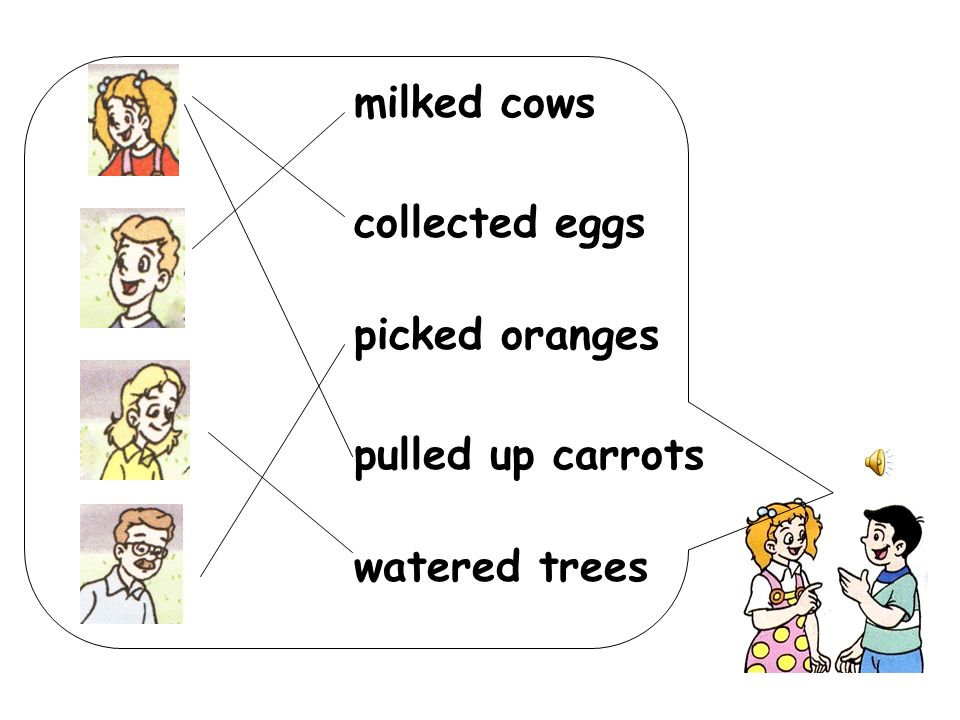 milked cows collected eggs picked oranges pulled up carrots watered trees