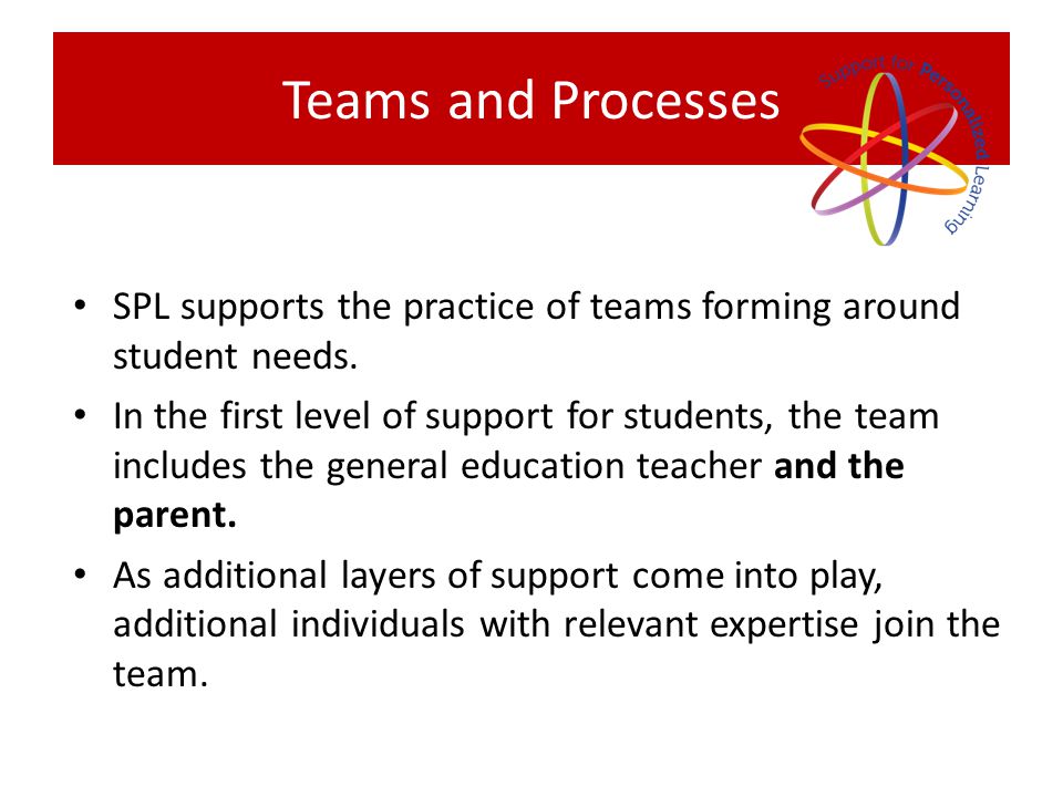 Teams and Processes SPL supports the practice of teams forming around student needs.