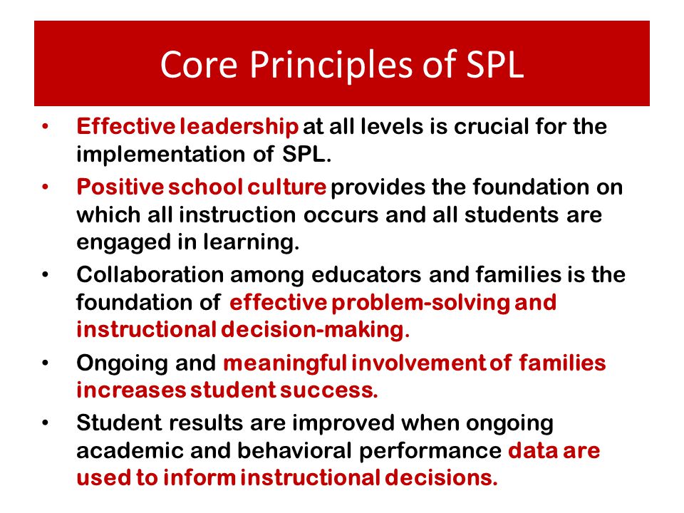 Core Principles of SPL Effective leadership at all levels is crucial for the implementation of SPL.