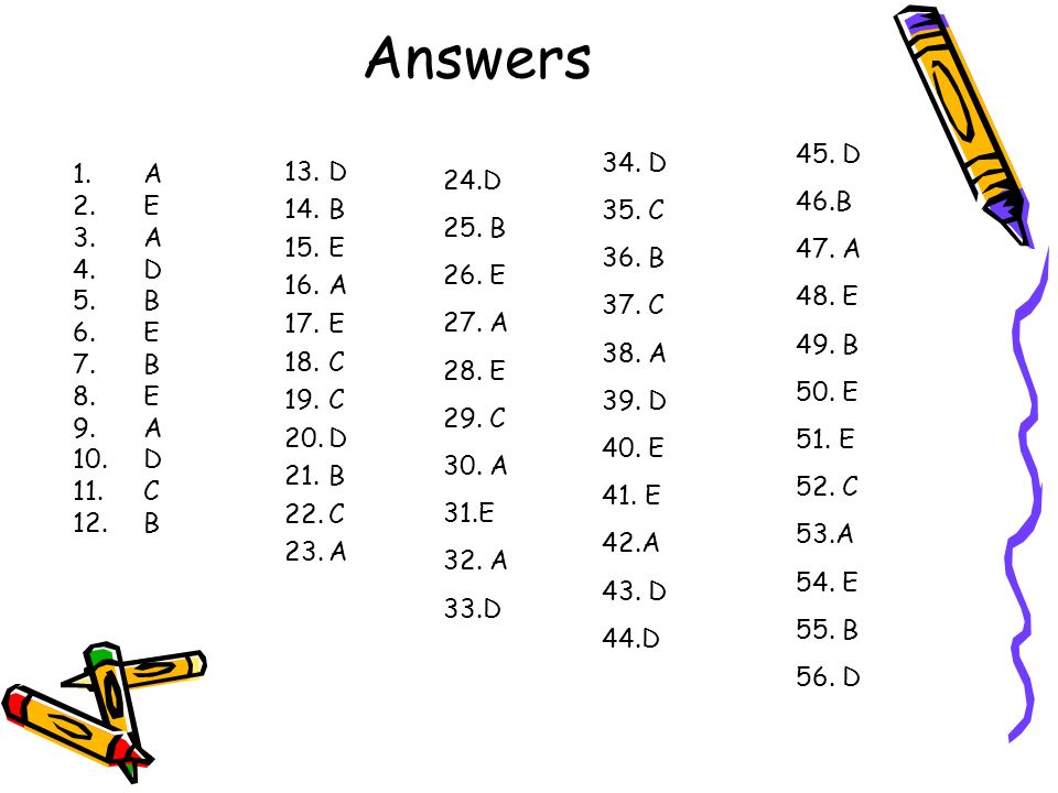 Answers 45. D. 46.B. 47. A. 48. E. 49. B. 50. E. 51. E. 52. C. 53.A. 54. E. 55. B. 56. D.