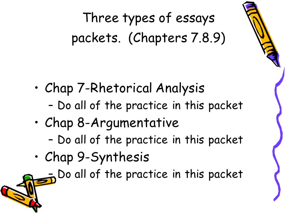 Three types of essays packets. (Chapters 7.8.9)