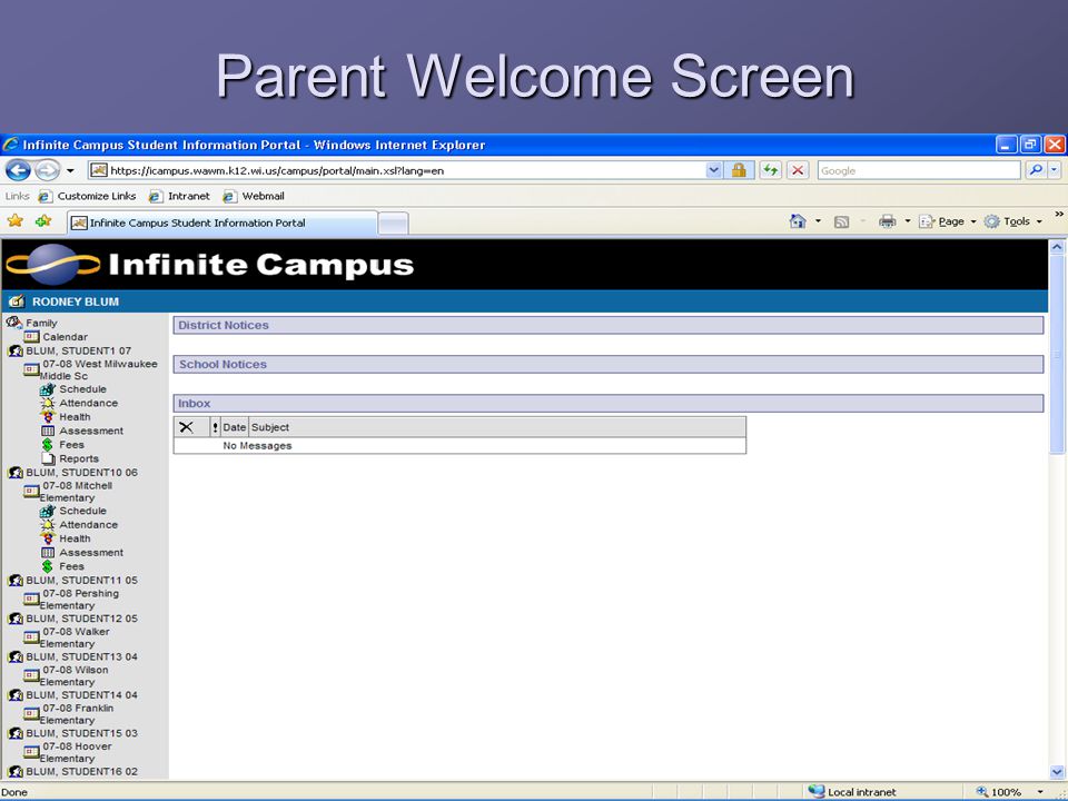 Parent Welcome Screen