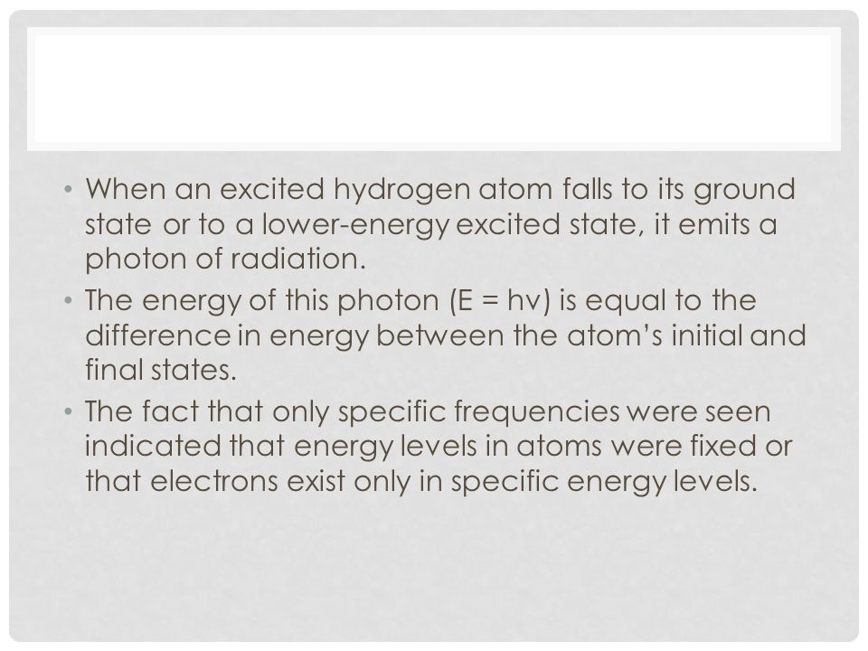 When an excited hydrogen atom falls to its ground state or to a lower-energy excited state, it emits a photon of radiation.