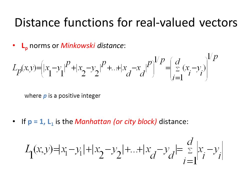 Distance functions for real-valued vectors