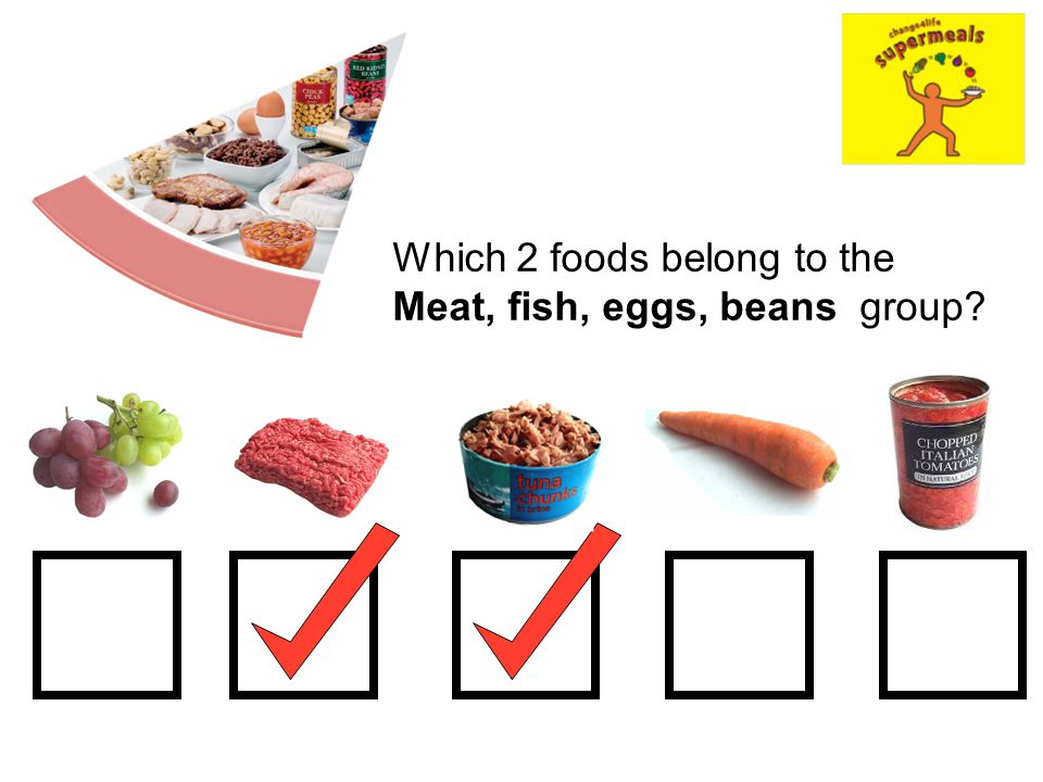 Which 2 foods belong to the Meat, fish, eggs, beans group