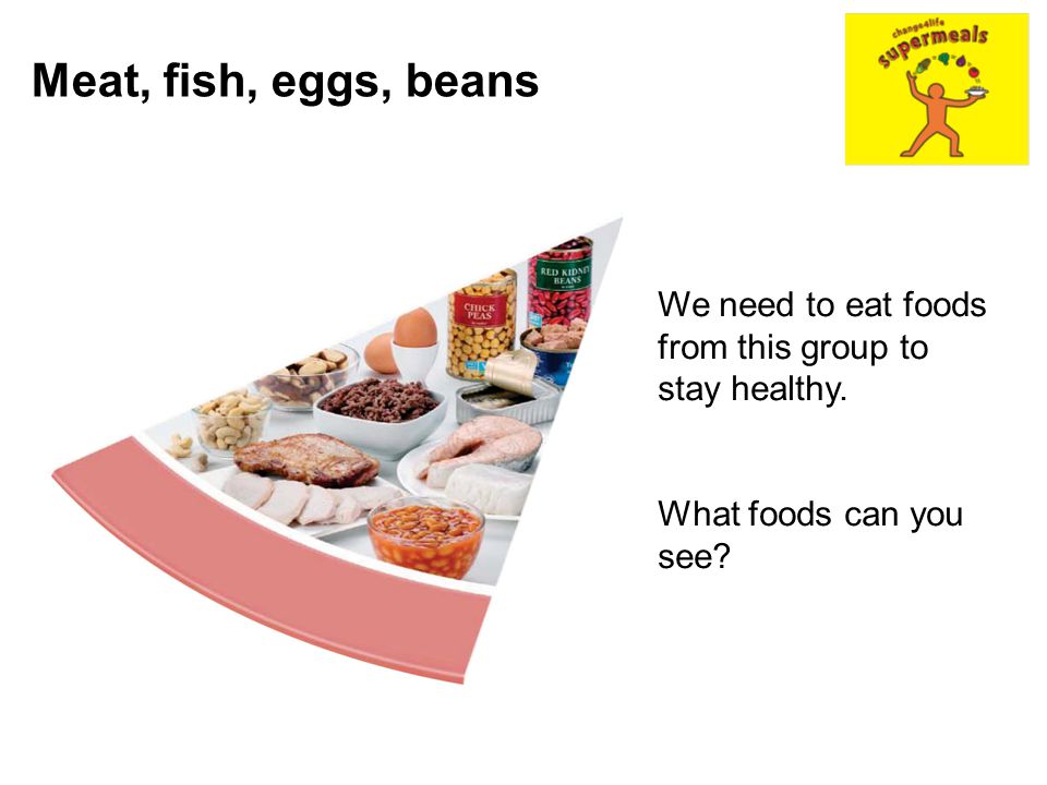 Meat, fish, eggs, beans We need to eat foods from this group to stay healthy.