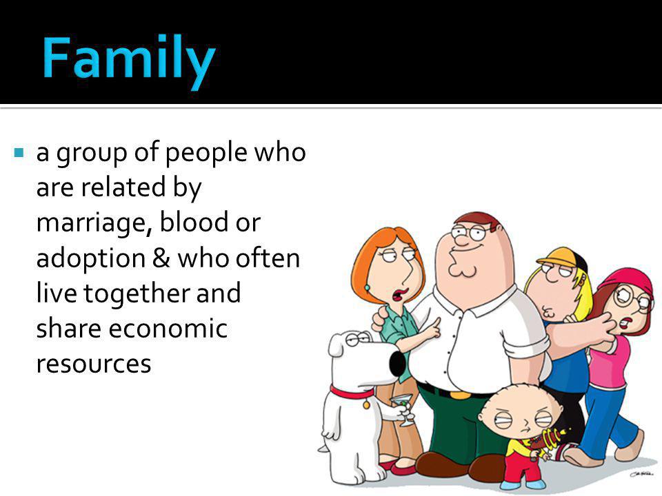 Family a group of people who are related by marriage, blood or adoption & who often live together and share economic resources.