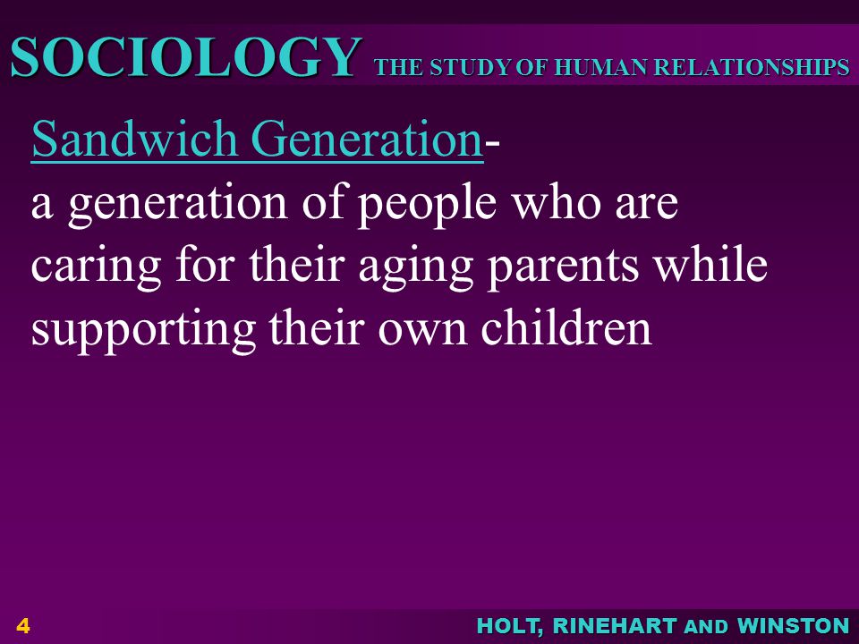 Sandwich Generation- a generation of people who are caring for their aging parents while supporting their own children.