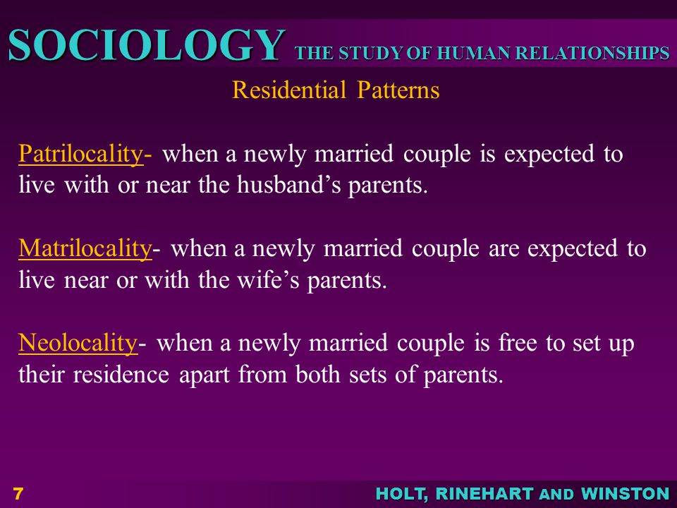 Residential Patterns Patrilocality- when a newly married couple is expected to live with or near the husband’s parents.