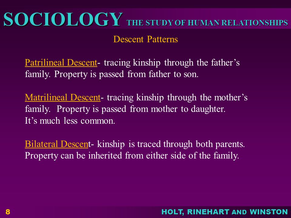 Descent Patterns Patrilineal Descent- tracing kinship through the father’s family. Property is passed from father to son.