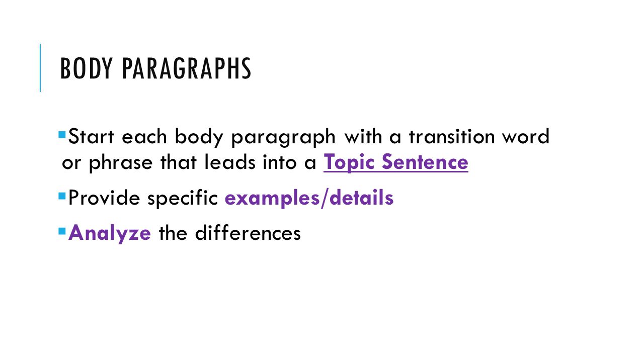 Body Paragraphs Start each body paragraph with a transition word or phrase that leads into a Topic Sentence.