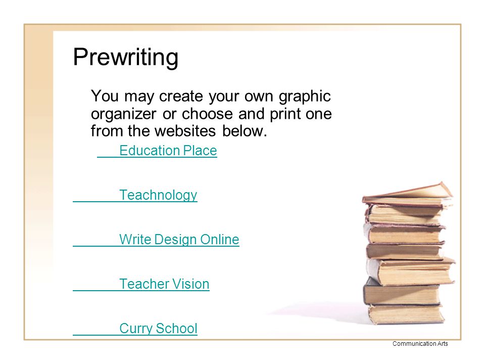 Prewriting You may create your own graphic organizer or choose and print one from the websites below.