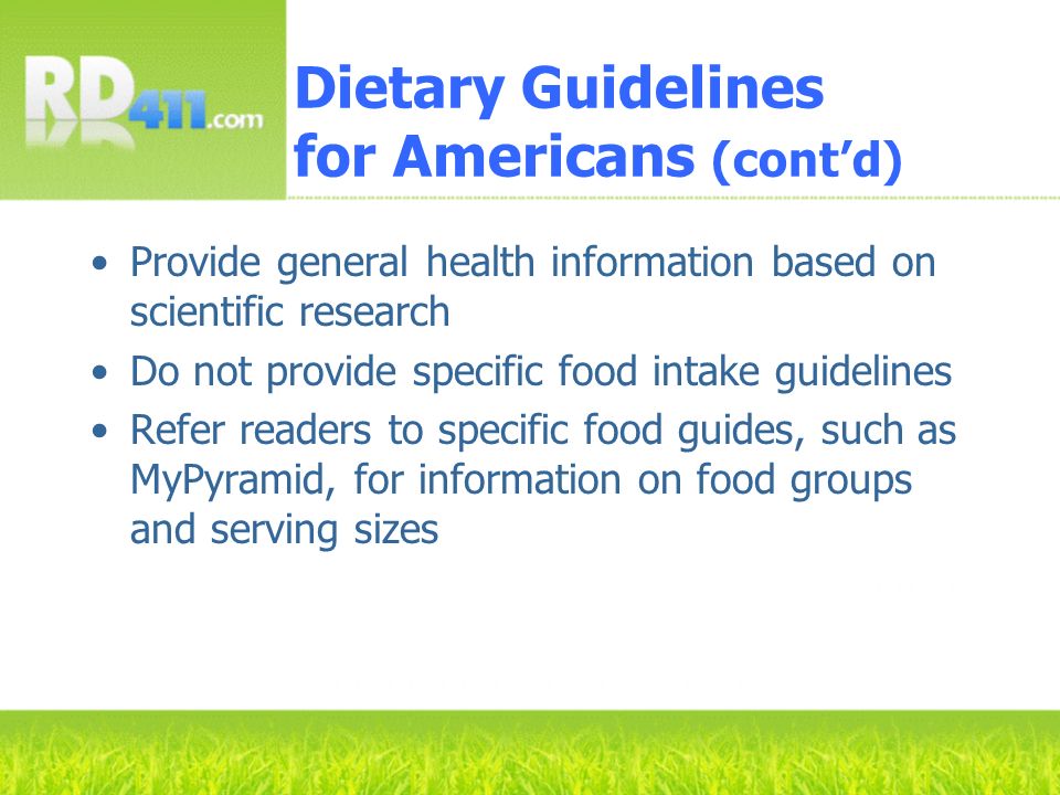 Dietary Guidelines for Americans (cont’d)