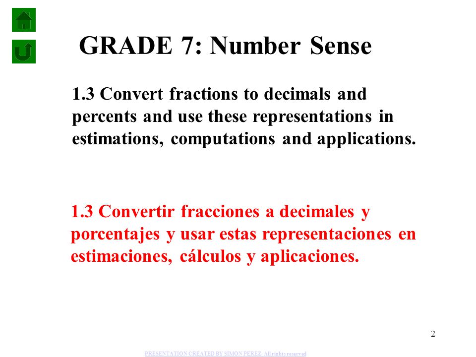 GRADE 7: Number Sense 1.3 Convert fractions to decimals and percents and use these representations in estimations, computations and applications.