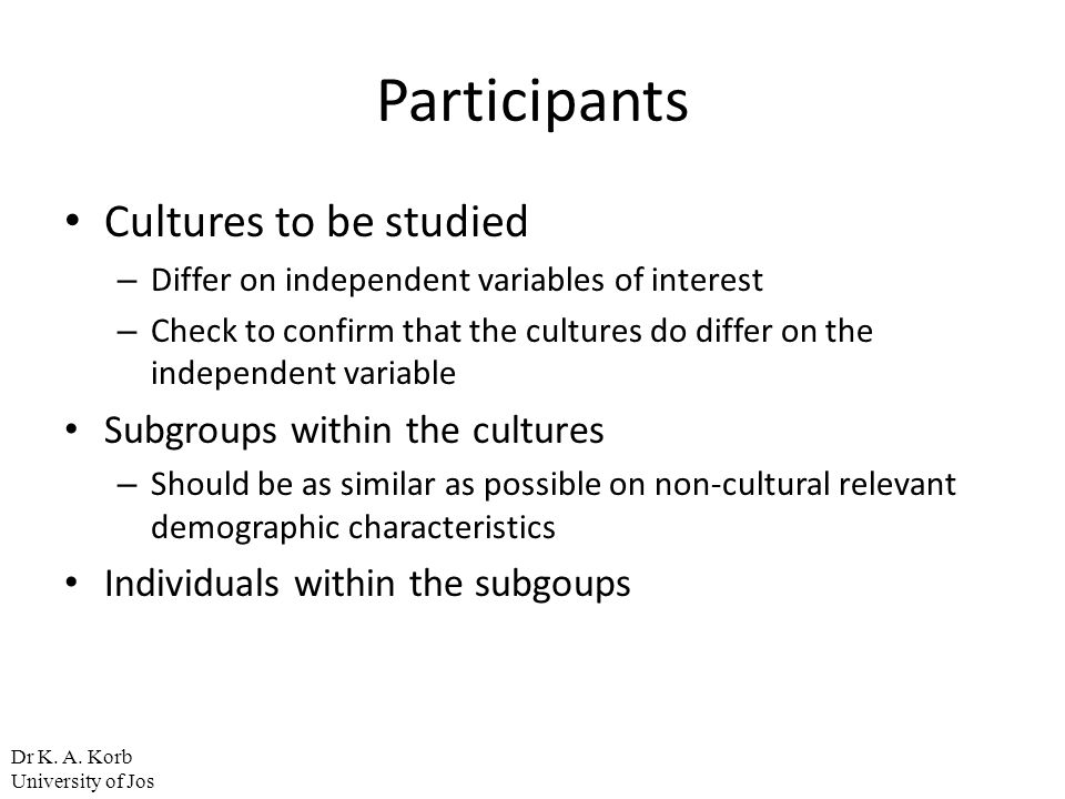 Participants Cultures to be studied Subgroups within the cultures