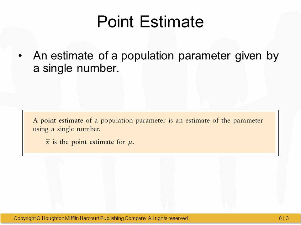Point Estimate An estimate of a population parameter given by a single number.