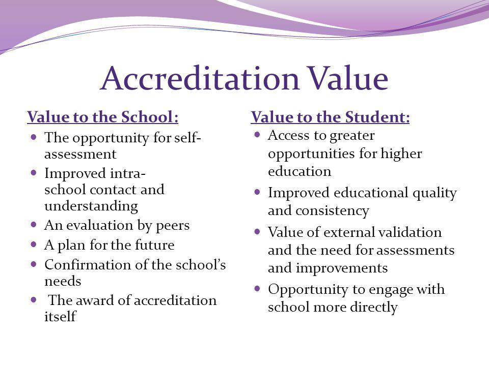 Accreditation Value Value to the School : Value to the Student: