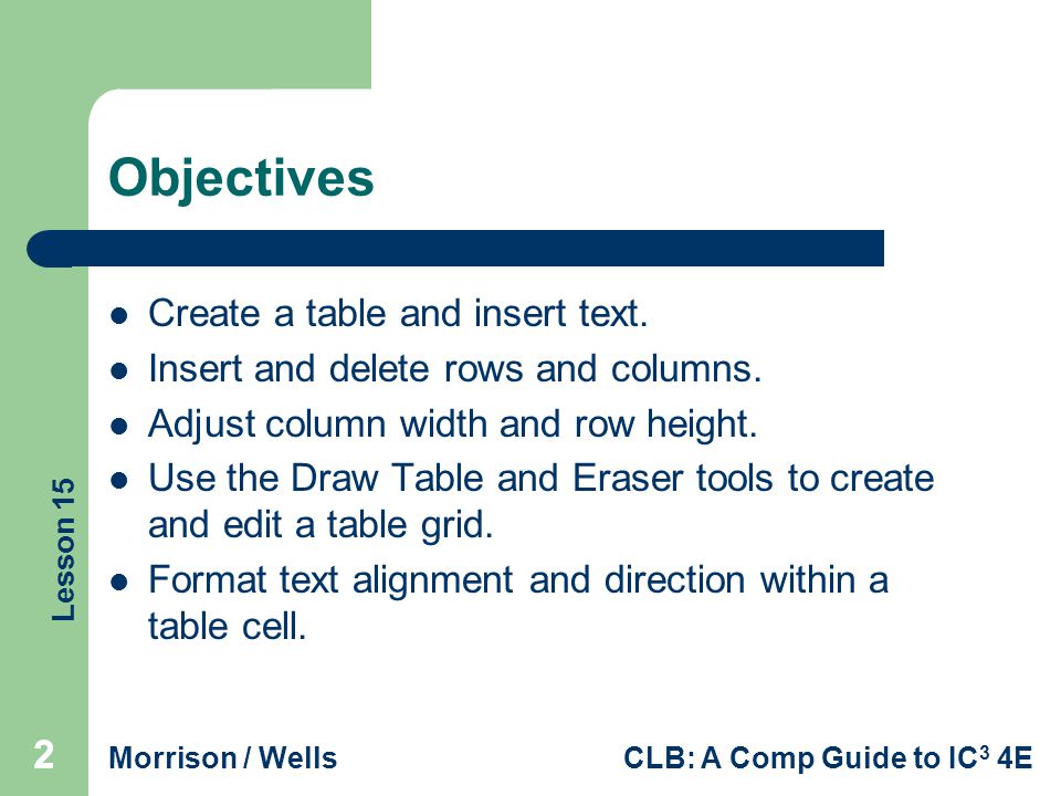 Objectives Create a table and insert text.