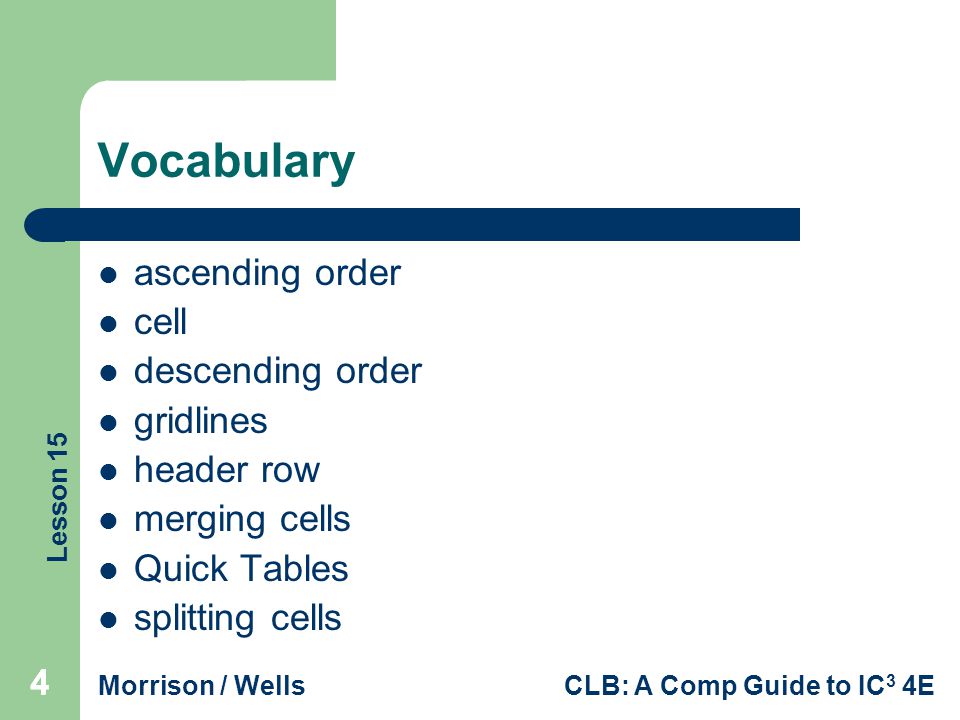Vocabulary ascending order cell descending order gridlines header row