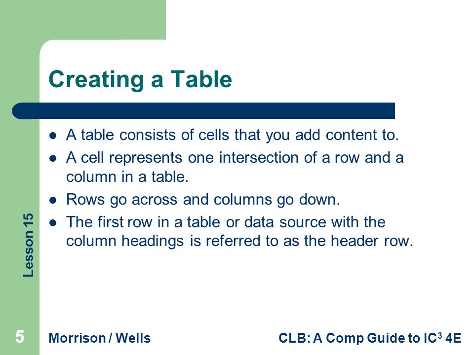 Creating a Table A table consists of cells that you add content to. A cell represents one intersection of a row and a column in a table.