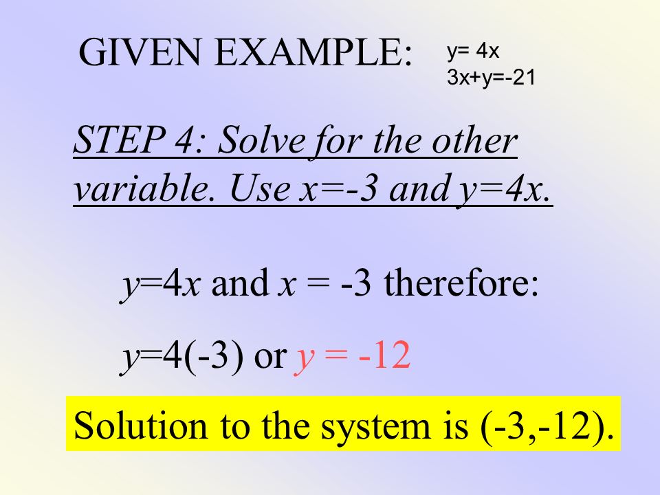 STEP 4: Solve for the other variable. Use x=-3 and y=4x.