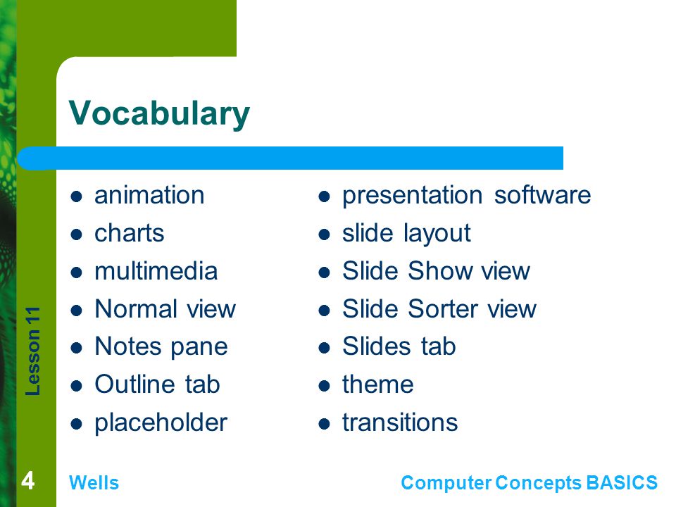 Vocabulary animation charts multimedia Normal view Notes pane