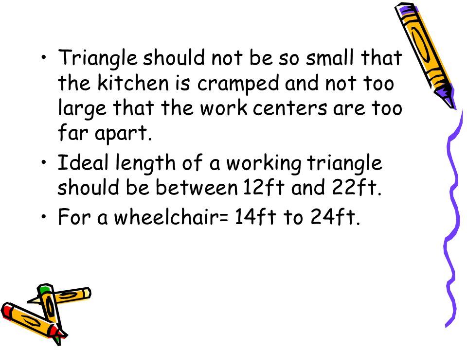 Triangle should not be so small that the kitchen is cramped and not too large that the work centers are too far apart.