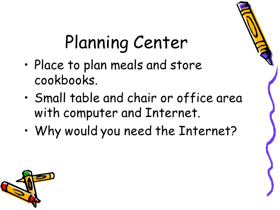 Planning Center Place to plan meals and store cookbooks.