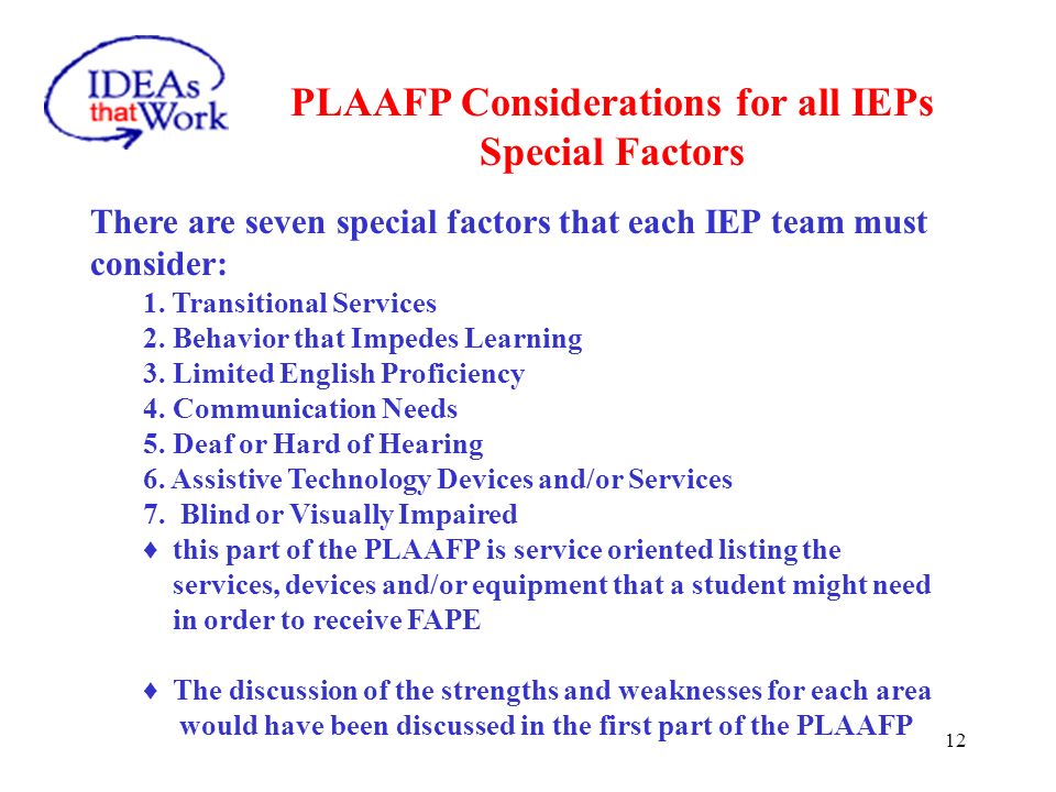 PLAAFP Considerations for all IEPs Weaknesses of the Student
