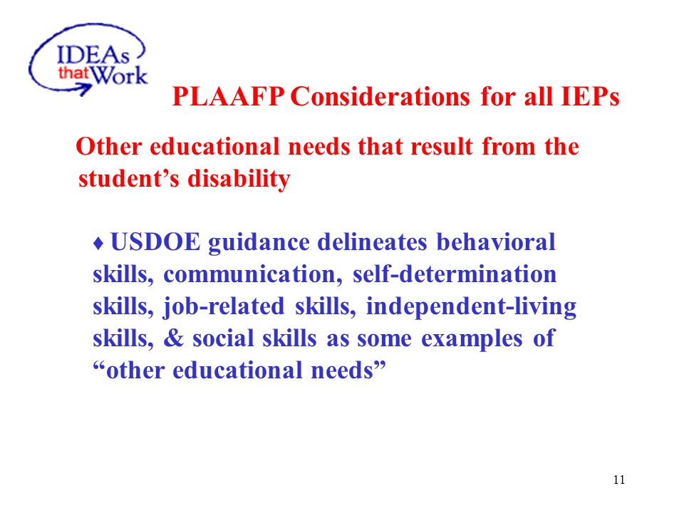 PLAAFP Considerations for all IEPs Strengths of the Student