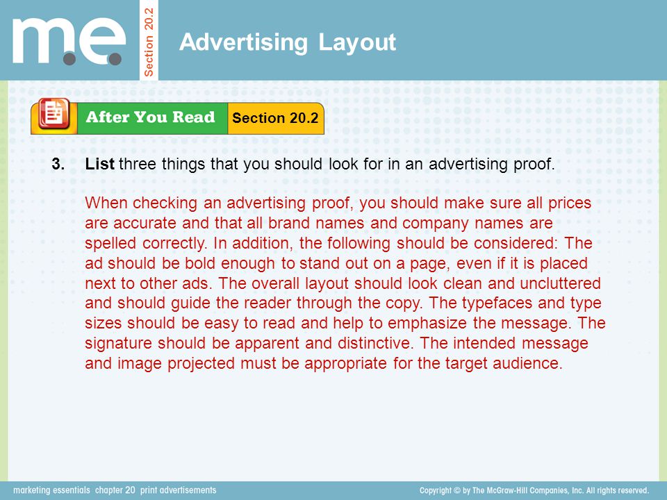 Advertising Layout Section Section List three things that you should look for in an advertising proof.