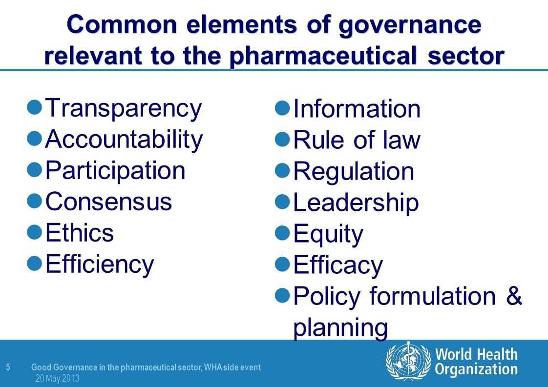 Common elements of governance relevant to the pharmaceutical sector