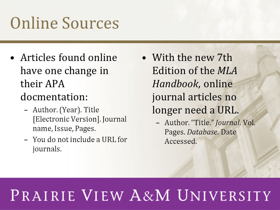 Online Sources Articles found online have one change in their APA docmentation: