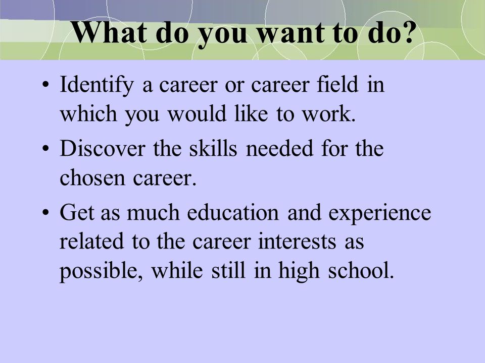 What do you want to do Identify a career or career field in which you would like to work. Discover the skills needed for the chosen career.