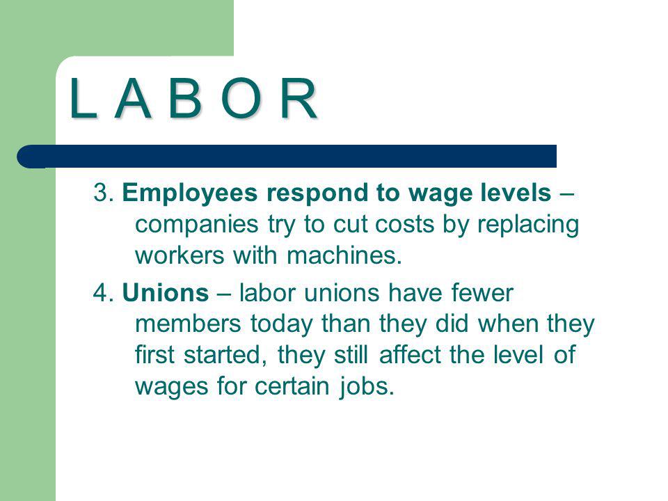 L A B O R 3. Employees respond to wage levels – companies try to cut costs by replacing workers with machines.