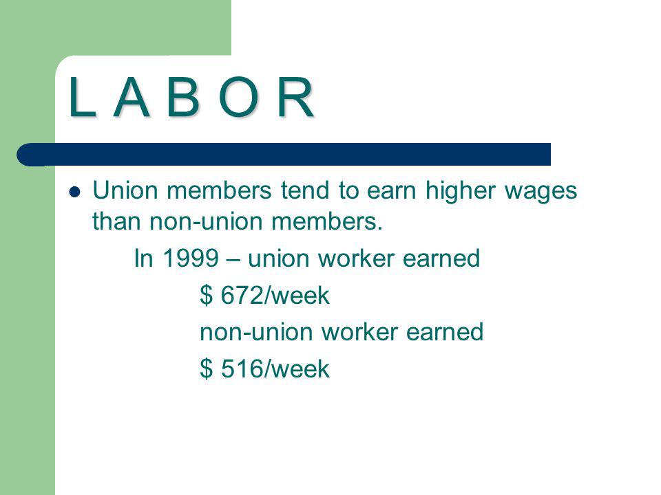 L A B O R Union members tend to earn higher wages than non-union members. In 1999 – union worker earned.