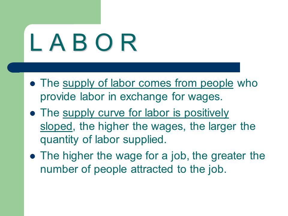 L A B O R The supply of labor comes from people who provide labor in exchange for wages.