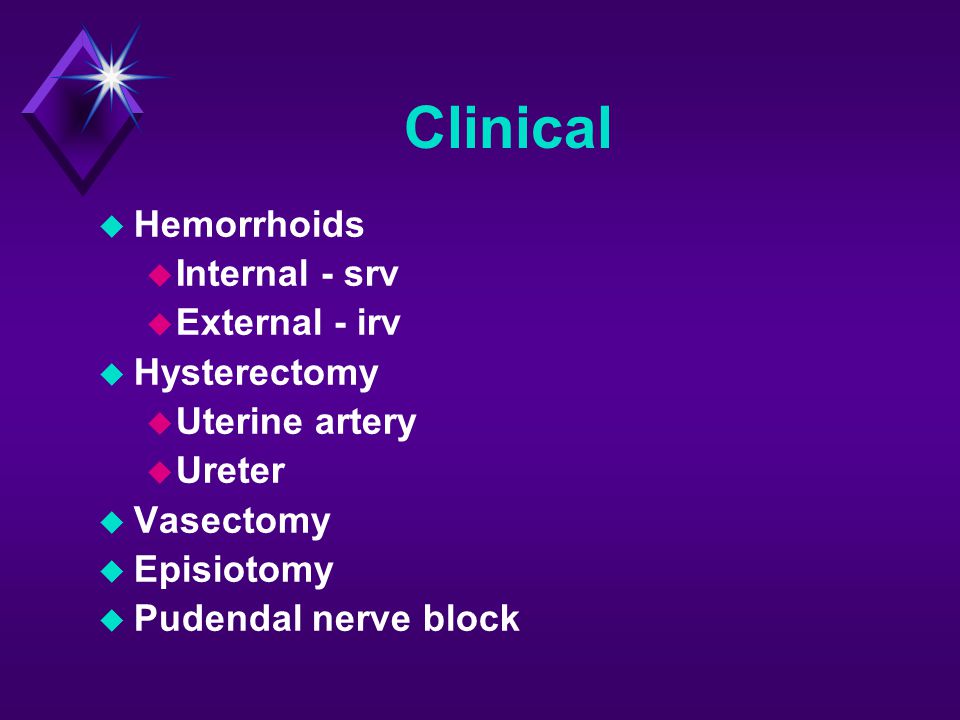 Clinical Hemorrhoids Internal - srv External - irv Hysterectomy
