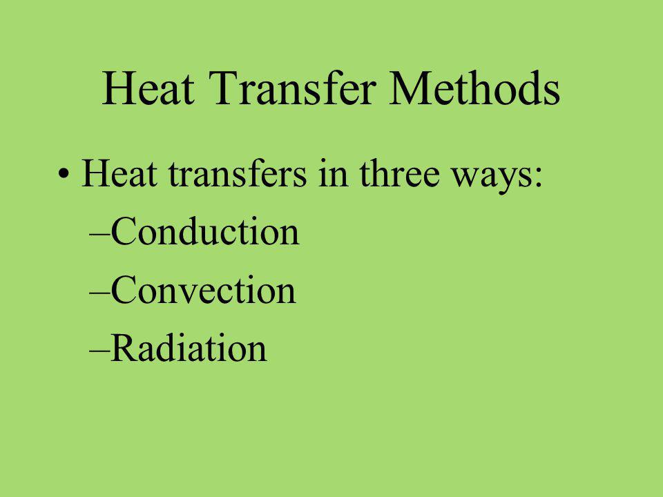Heat Transfer Methods Heat transfers in three ways: Conduction