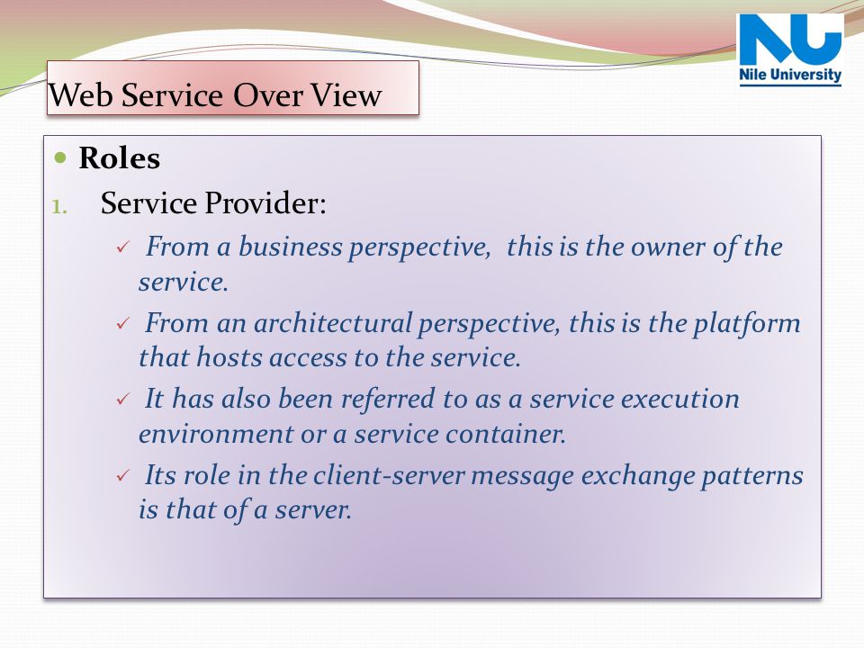 Web Service Over View Roles Service Provider: