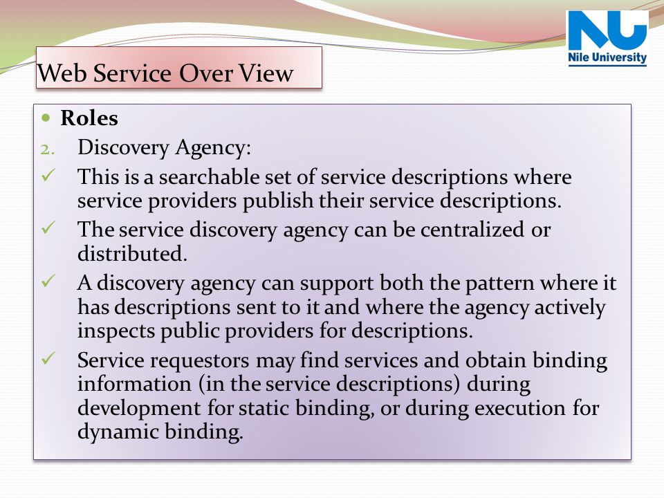 Web Service Over View Roles Discovery Agency: