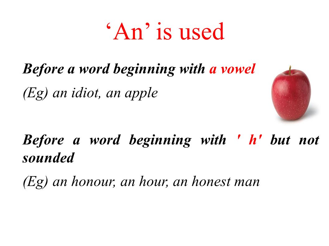‘An’ is used Before a word beginning with a vowel
