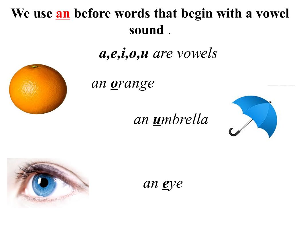 We use an before words that begin with a vowel sound .